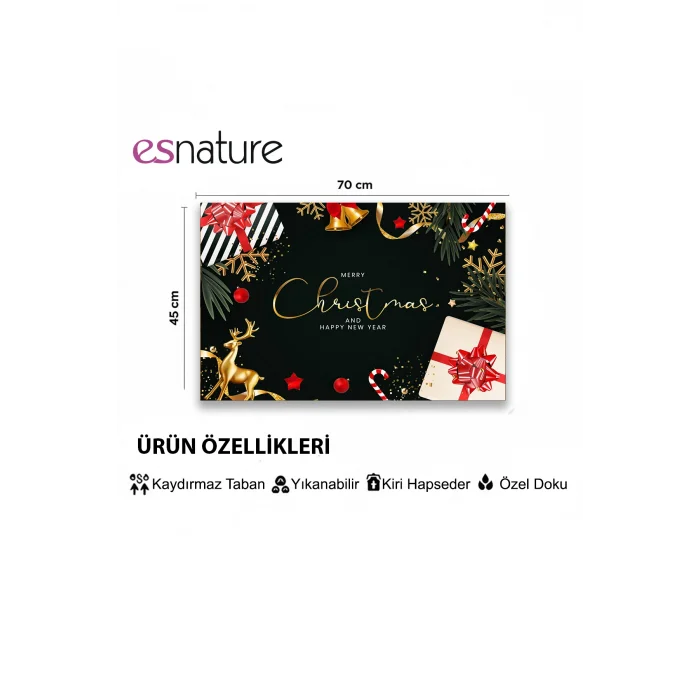 Esnature Mutlu Yıllar Merry Christmas and Happy New Year Welcome Yeşil Kapı Önü Paspası 45x70Cm