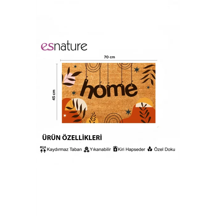Esnature Home Bohem Temalı Dağ ve Yaprak Desenli Kapı Önü Paspası 45x70 Cm