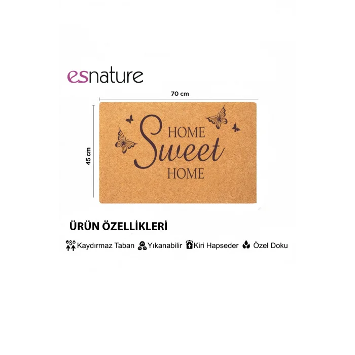 Esnature Evim Evim Güzel Evim Home Sweet Home Kahverengi Kapı Önü Paspası 45x70 Cm