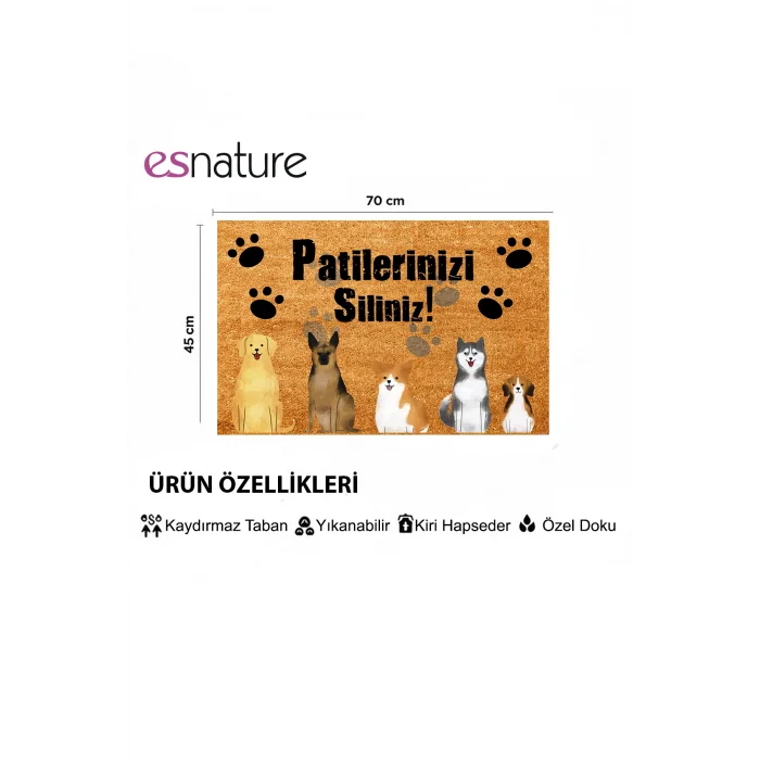 Esnature Köpek Desenli Patilerinizi Silin Yazılı Kapı Önü Paspası 45x70 Cm