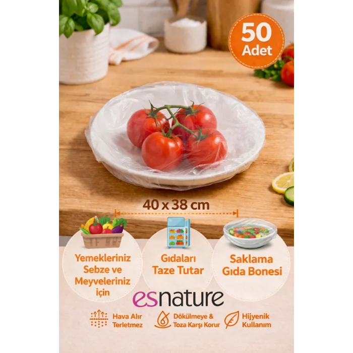 Esnature Streç Lastikli Buzdolabı Poşeti Tabak Tencere Gıda Saklama Bonesi 50 Adet Pratik Koruyucu
