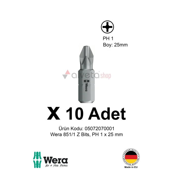 Alveta Wera 851/1 Z PH1 x 25mm Tornavida Ucu 10 Adet | Yıldız Vidalama Bits Seti Profesyonel Seri