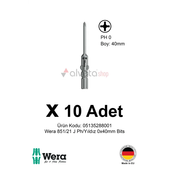 Alveta Wera 851/21 J PH0 x 40mm Tornavida Ucu 10 Adet | Yıldız Vidalama Bits Seti Hassas Seri