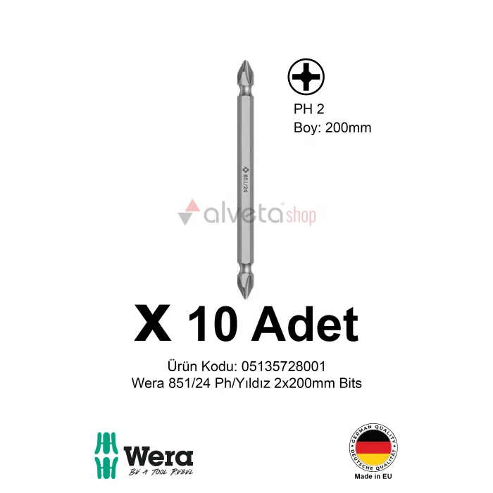 Alveta Wera 851/24 PH2 x 200mm Tornavida Ucu 10 Adet | Yıldız Vidalama Bits Seti Profesyonel Seri