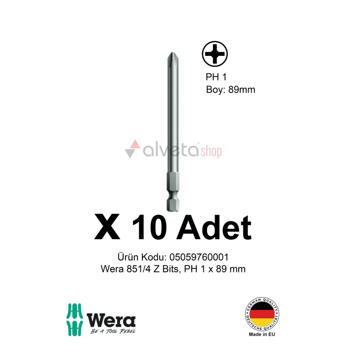 Alveta Wera 851/4 Z PH1 x 89mm Tornavida Ucu 10 Adet | Yıldız Vidalama Bits Seti Uzun Seri