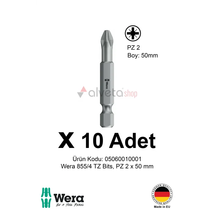 Alveta Wera 855/4 TZ PZ2 x 50mm Tornavida Ucu 10 Adet | Pozidriv Vidalama Bits Seti Profesyonel Seri