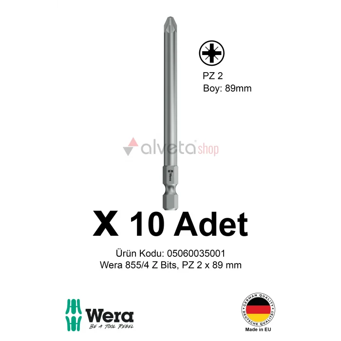 Alveta Wera 855/4 Z PZ2 x 89mm Tornavida Ucu 10 Adet | Pozidriv Vidalama Bits Seti Uzun Seri