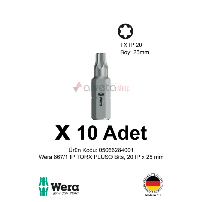 Alveta Wera 867/1 IP TORX PLUS 20IP x 25mm Tornavida Ucu 10 Adet | Vidalama Bits Seti Profesyonel Seri