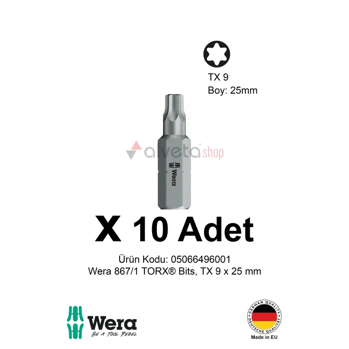 Alveta Wera 867/1 TORX TX9 x 25mm Tornavida Ucu 10 Adet | Torx Vidalama Bits Seti Profesyonel Seri