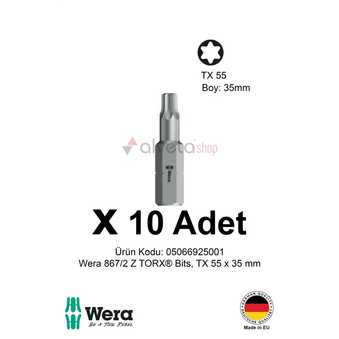 Alveta Wera 867/2 Z TORX TX55 x 35mm Tornavida Ucu 10 Adet | Torx Vidalama Bits Seti Güçlü Seri