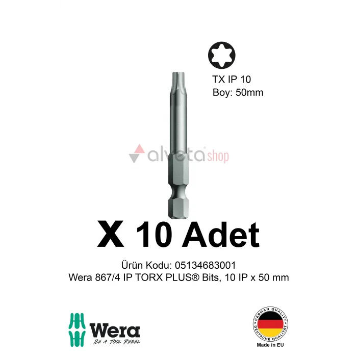 Alveta Wera 867/4 IP TORX PLUS 10IP x 50mm Tornavida Ucu 10 Adet | Vidalama Bits Seti Uzun Seri