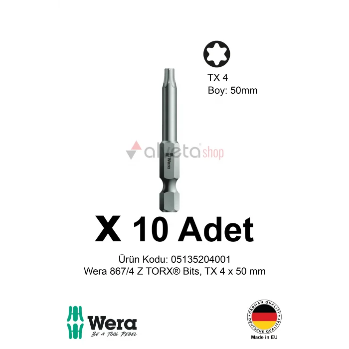 Alveta Wera 867/4 Z TORX TX4 x 50mm Tornavida Ucu 10 Adet | Torx Vidalama Bits Seti Profesyonel Seri