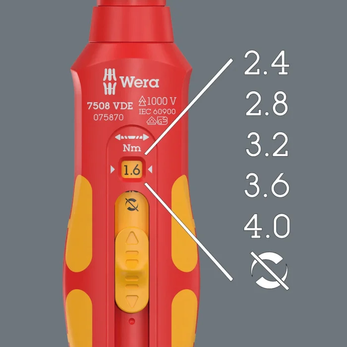 Wera 7508 VDE Kraftform Safe-Torque Speed Tork anahtarı, 0,4-2,0 Nm, 9 x 0.4 Nm x 0.8 Nm x 1.2 Nm x 1.6 Nm x 2.0 Nm x 192 mm