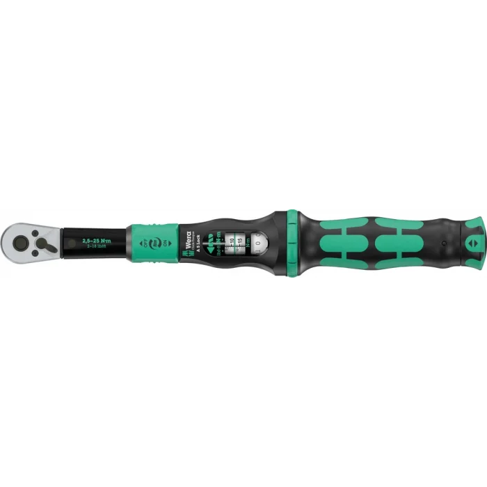Wera Click-Torque Lock A 5 Tork anahtarı, ayarlanabilir, tork kilit fonksiyonlu, yön mandallı cırcır, saat yönünde torklama operasyonu, 2,5-25 Nm, 1/4 x 2.5-25 Nm
