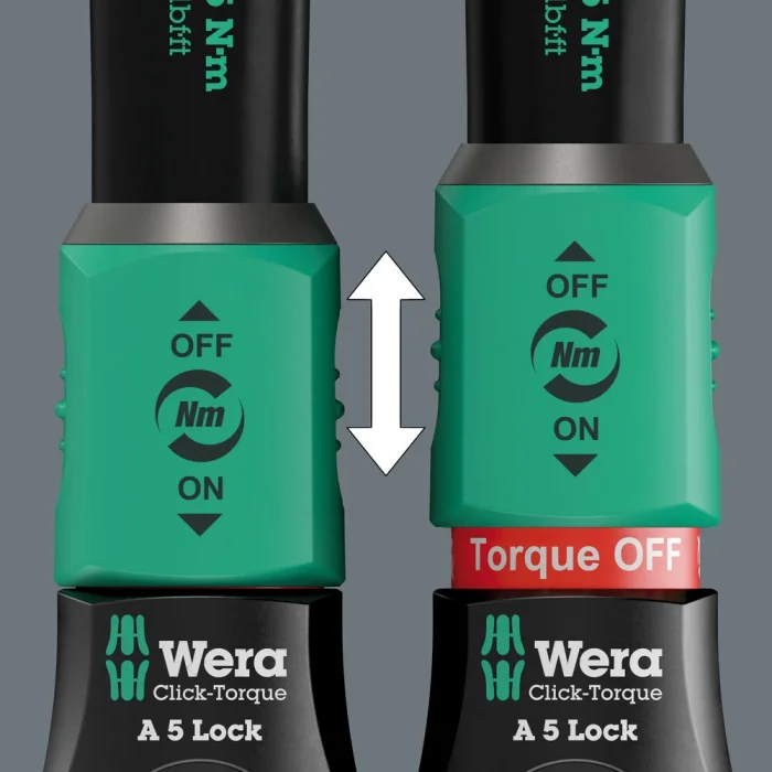 Wera Click-Torque Lock A 5 Tork anahtarı, ayarlanabilir, tork kilit fonksiyonlu, yön mandallı cırcır, saat yönünde torklama operasyonu, 2,5-25 Nm, 1/4 x 2.5-25 Nm