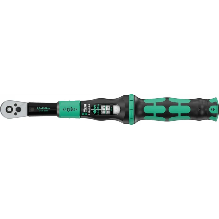 Wera Click-Torque Lock A 5 R/L Tork anahtarı, ayarlanabilir, tork kilit fonksiyonlu, itmeli kare sürücü (1/4), saat yönü/saat yönü tersine torklama operasyonu, 2,5-25 Nm, 1/4 x 2.5-25 Nm