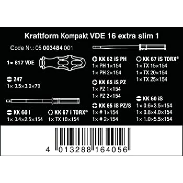Wera Kraftform Kompakt VDE İzoleli Extra Slim16 Lı Tornavida Set 05003484001