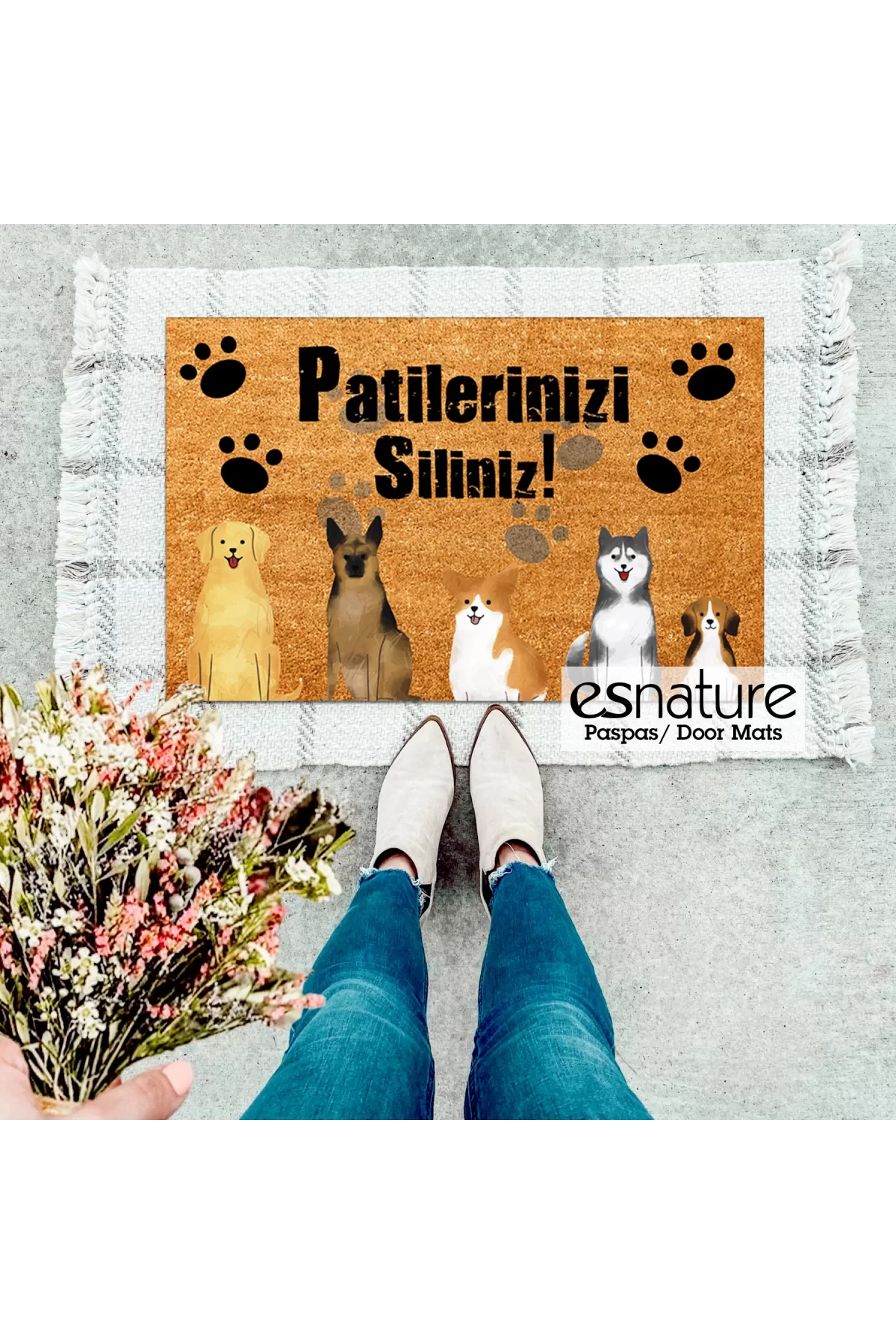 Esnature Köpek Desenli Patilerinizi Silin Yazılı Kapı Önü Paspası 45x70 Cm