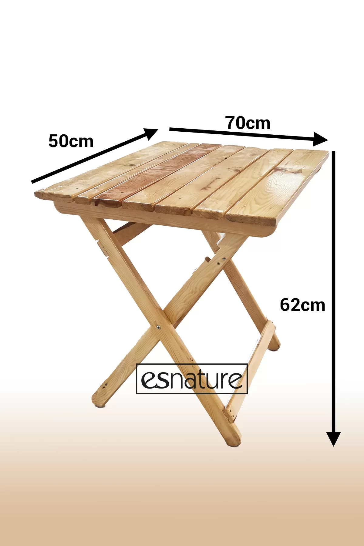 Esnature Vernikli Doğal Ahşap Katlanabilir Kamp Piknik Bahçe Balkon Masası 2 li Tabure Seti