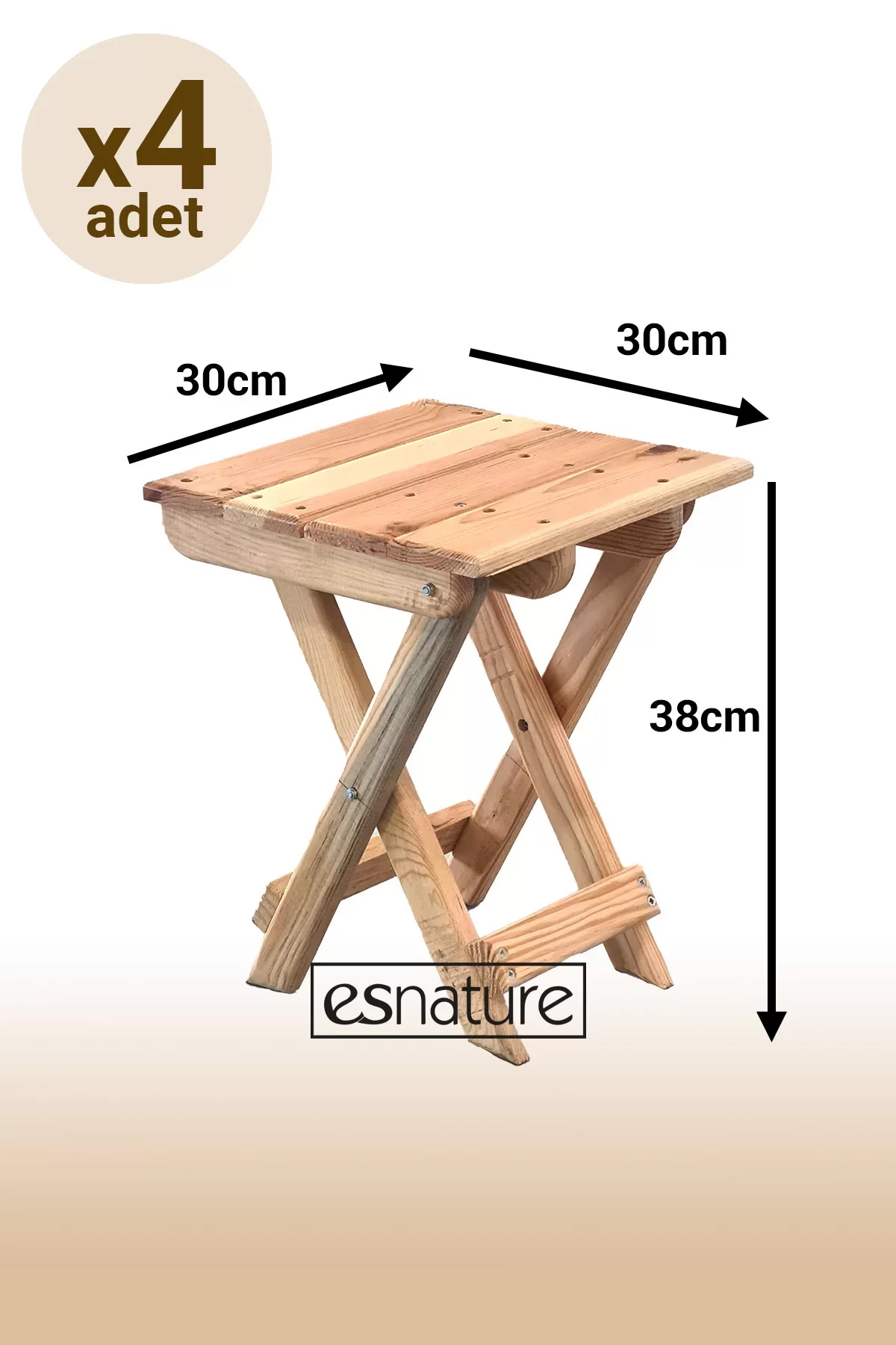 Esnature Vernikli Doğal Ahşap Katlanabilir Kamp Piknik Tabure 4 Adet 30 Cm X 30 Cm