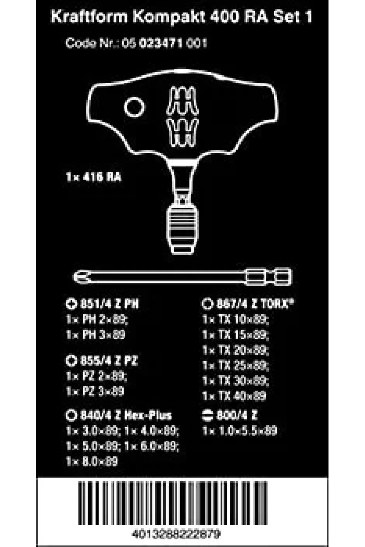 Wera Kraftform Kompakt 400 RA Cırcırlı T Kol Tornavida Seti 05023471001