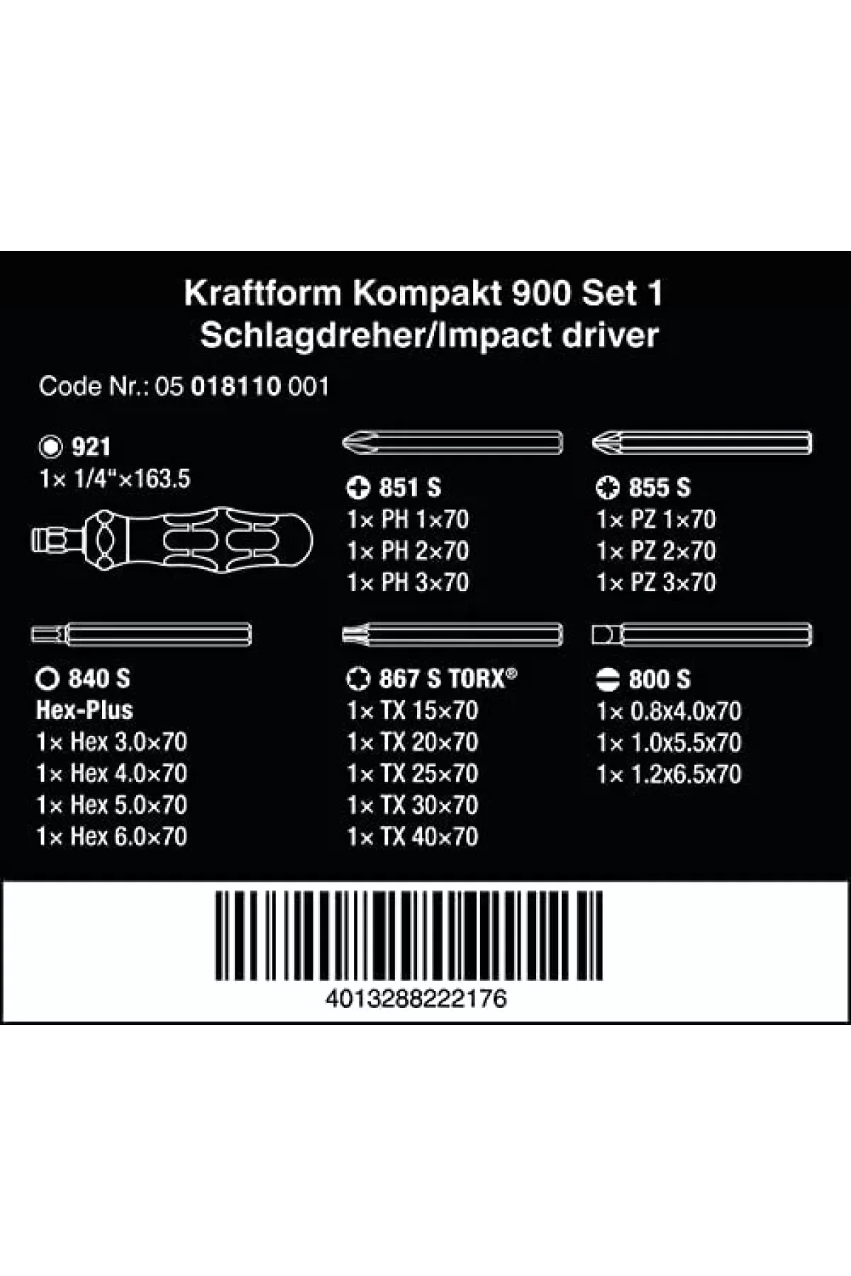 Wera Kraftform Kompakt 900 Endüstriyel Darbeli Tornavida Seti 05018110001