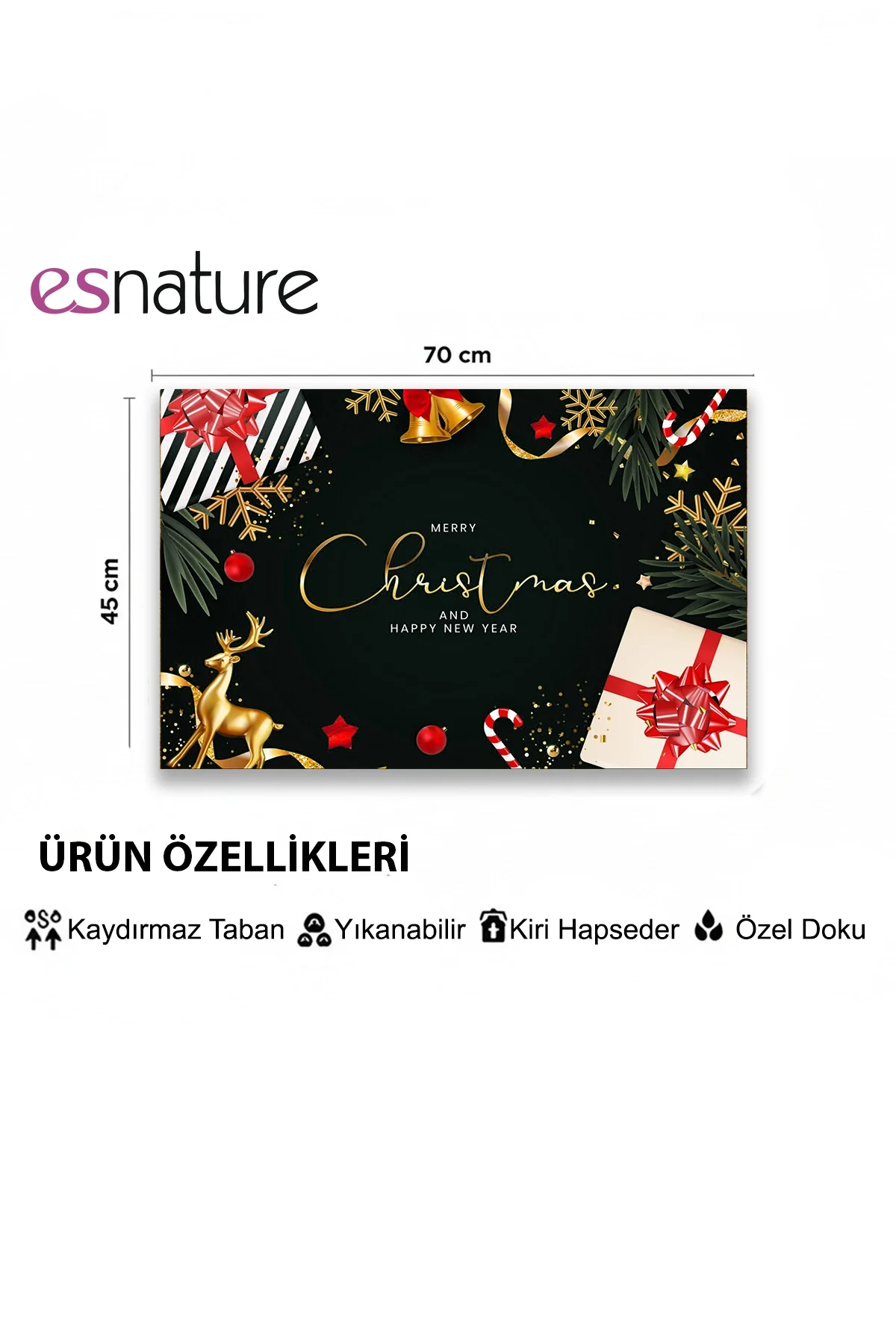 Esnature Mutlu Yıllar Merry Christmas and Happy New Year Welcome Yeşil Kapı Önü Paspası 45x70Cm
