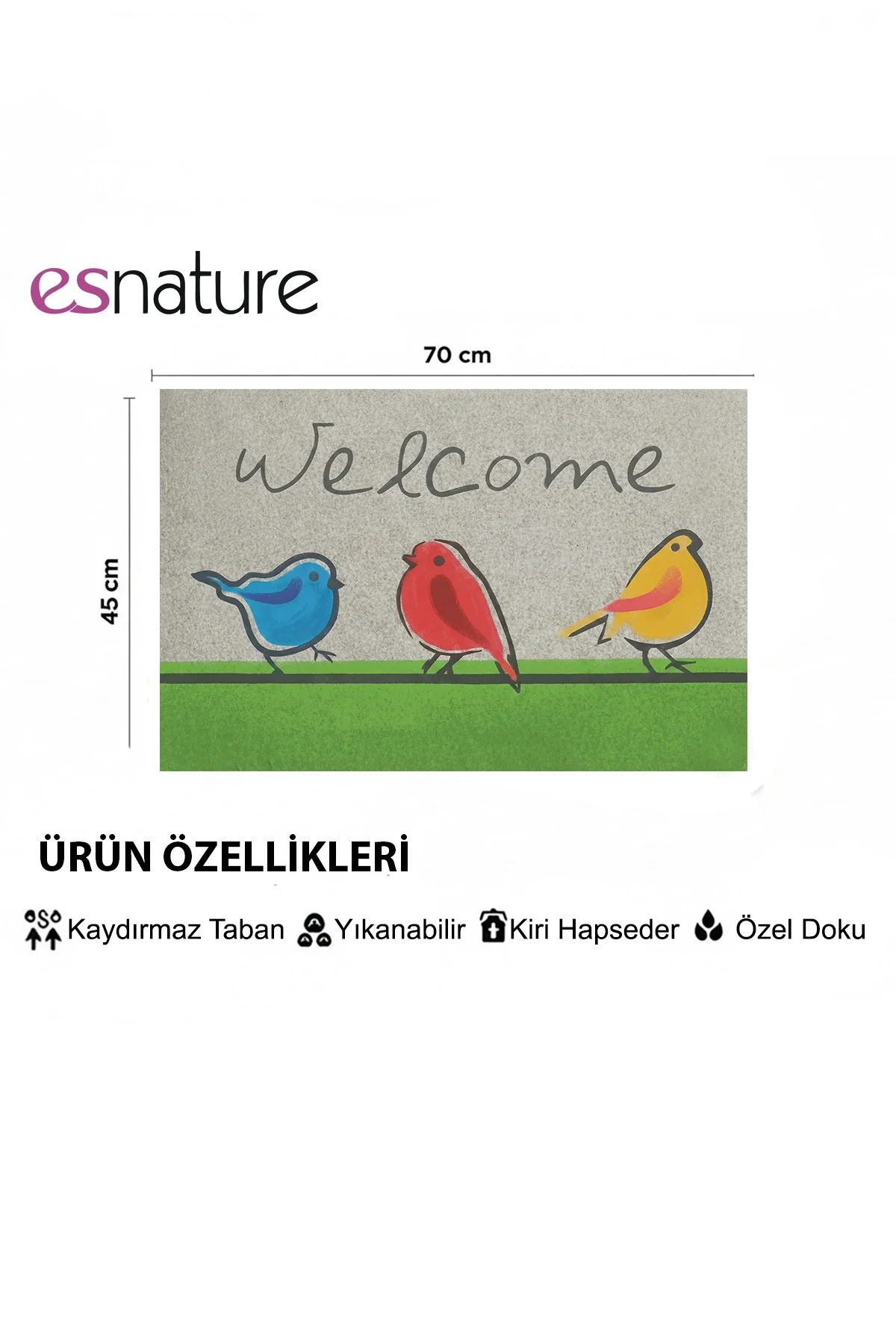 Esnature Chirp Birds Renkli Cıvıldıyan Kuşlar Kahverengi Welcome Kapı Önü Paspası 45x70 Cm
