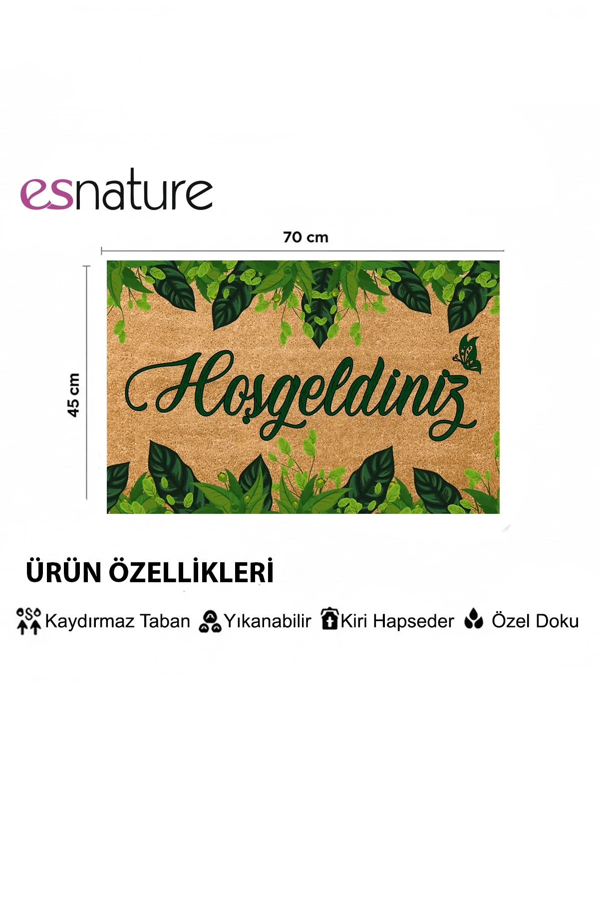 Esnature Yeşil Sarmaşıklı Yaprak Desenli Hoşgeldiniz Yazılı Kapı Önü Paspası 45x70 Cm