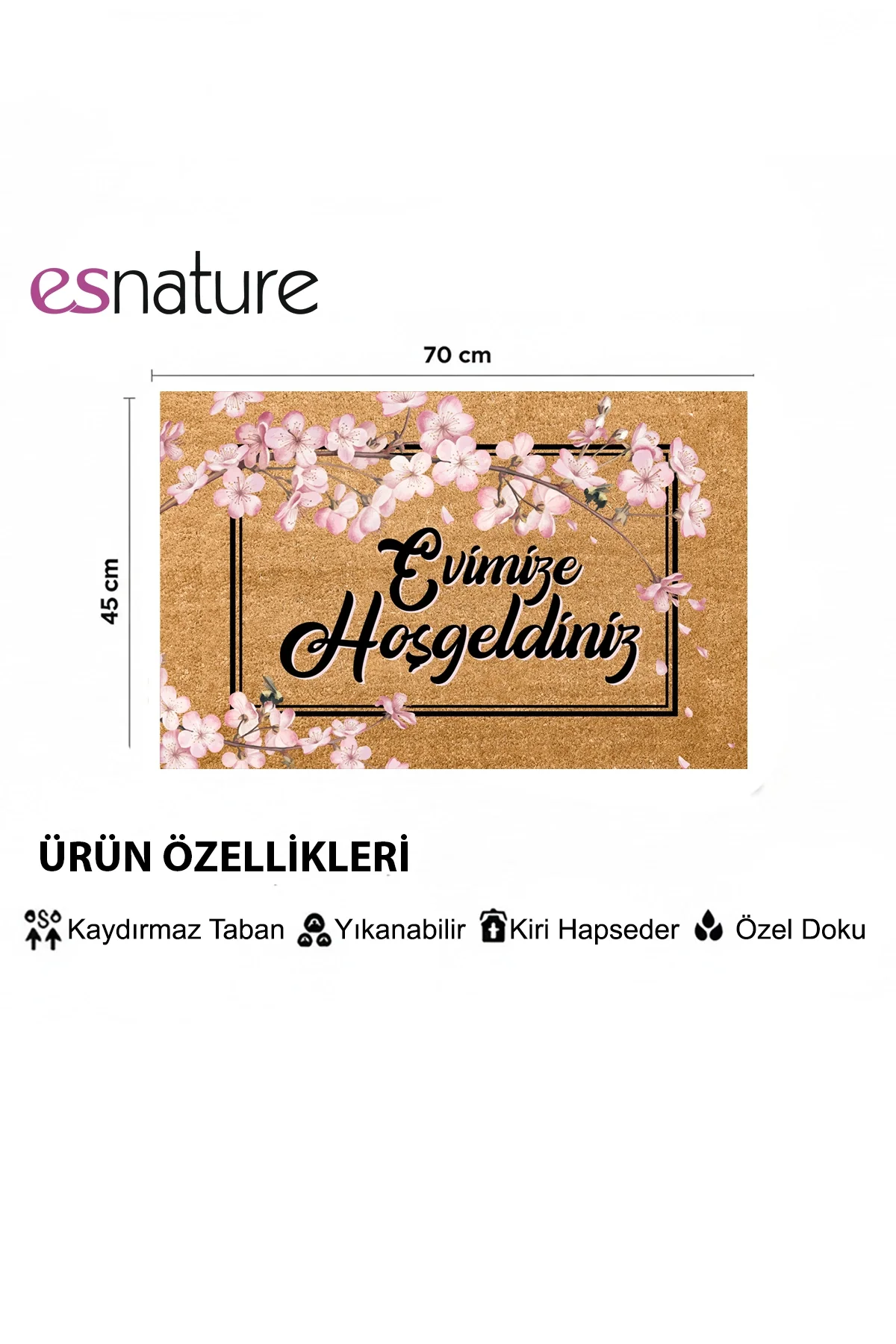 Esnature Evimize Hoşgeldiniz Japon Kiraz Çiçeği Desenli Kapı Önü Paspası 45x70 Cm