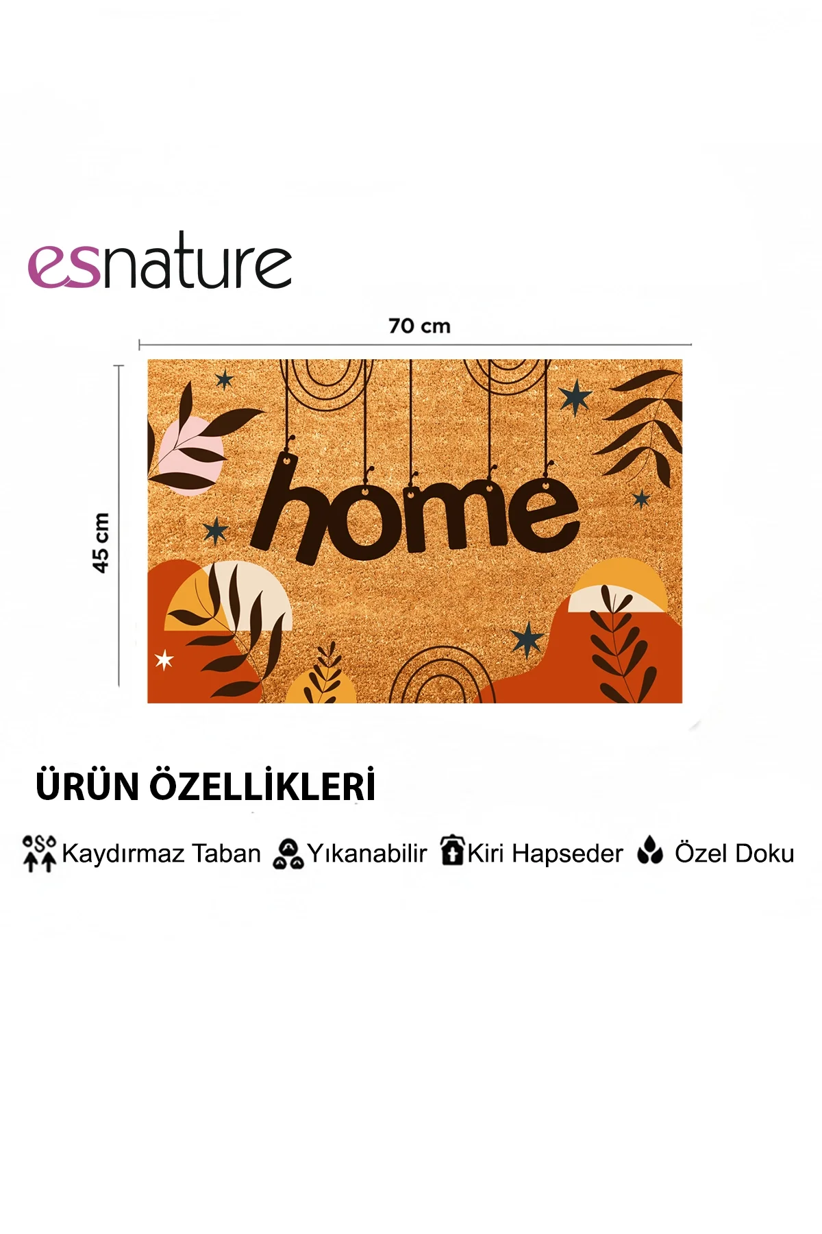 Esnature Home Bohem Temalı Dağ ve Yaprak Desenli Kapı Önü Paspası 45x70 Cm