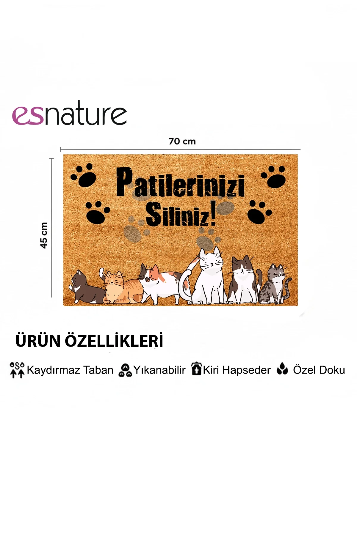 Esnature Kedi Desenli Patilerinizi Silin Yazılı Kapı Önü Paspası 45x70 Cm