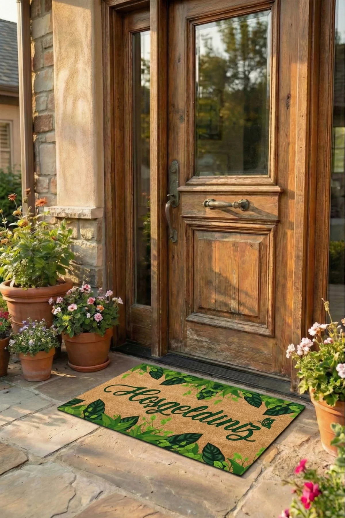 Esnature Yeşil Sarmaşıklı Yaprak Desenli Hoşgeldiniz Yazılı Kapı Önü Paspası 45x70 Cm