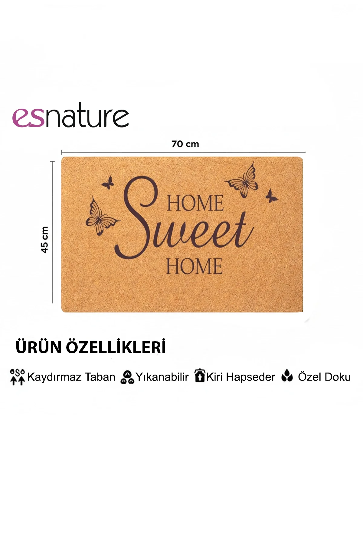 Esnature Evim Evim Güzel Evim Home Sweet Home Kahverengi Kapı Önü Paspası 45x70 Cm