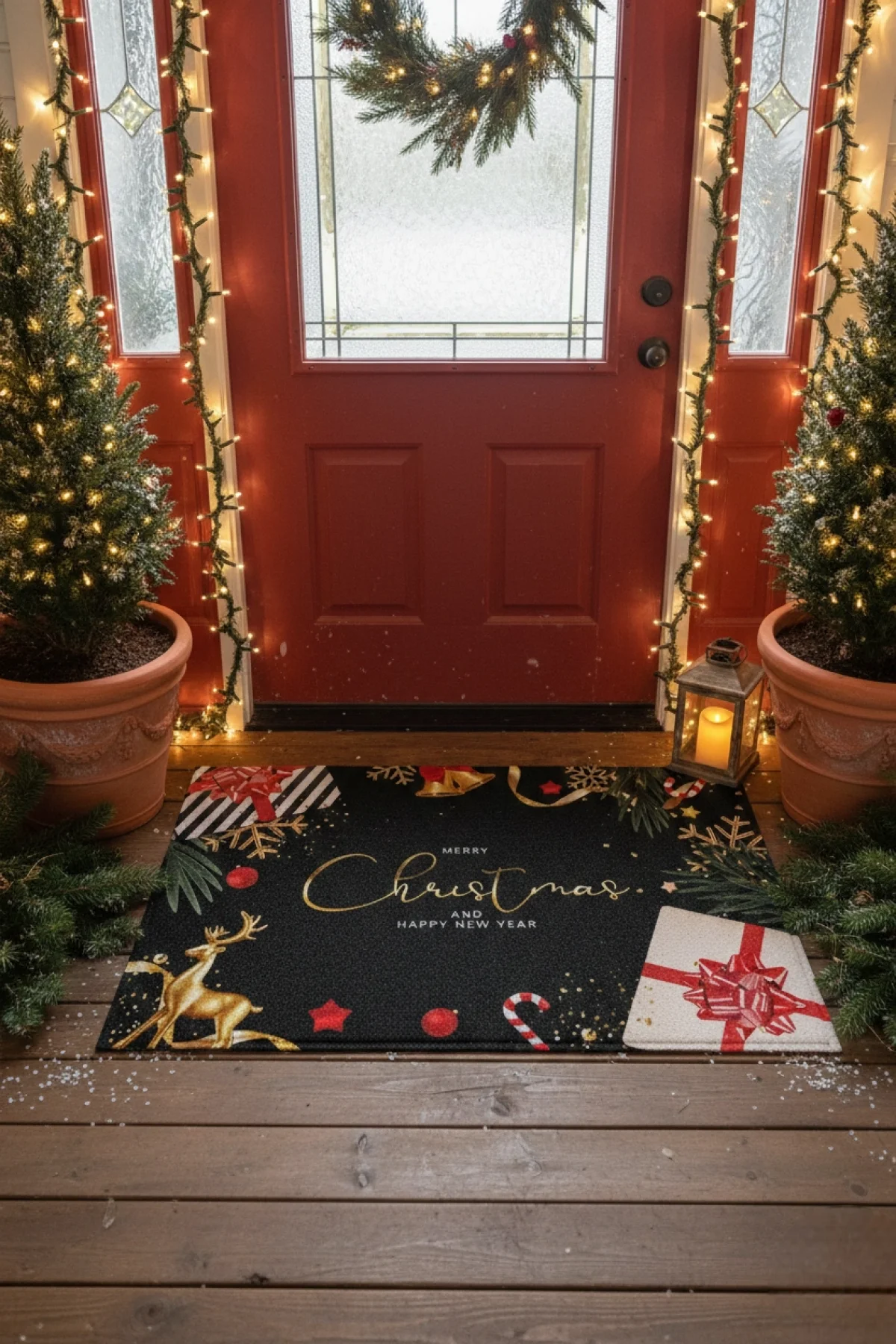 Esnature Mutlu Yıllar Merry Christmas and Happy New Year Welcome Yeşil Kapı Önü Paspası 45x70Cm