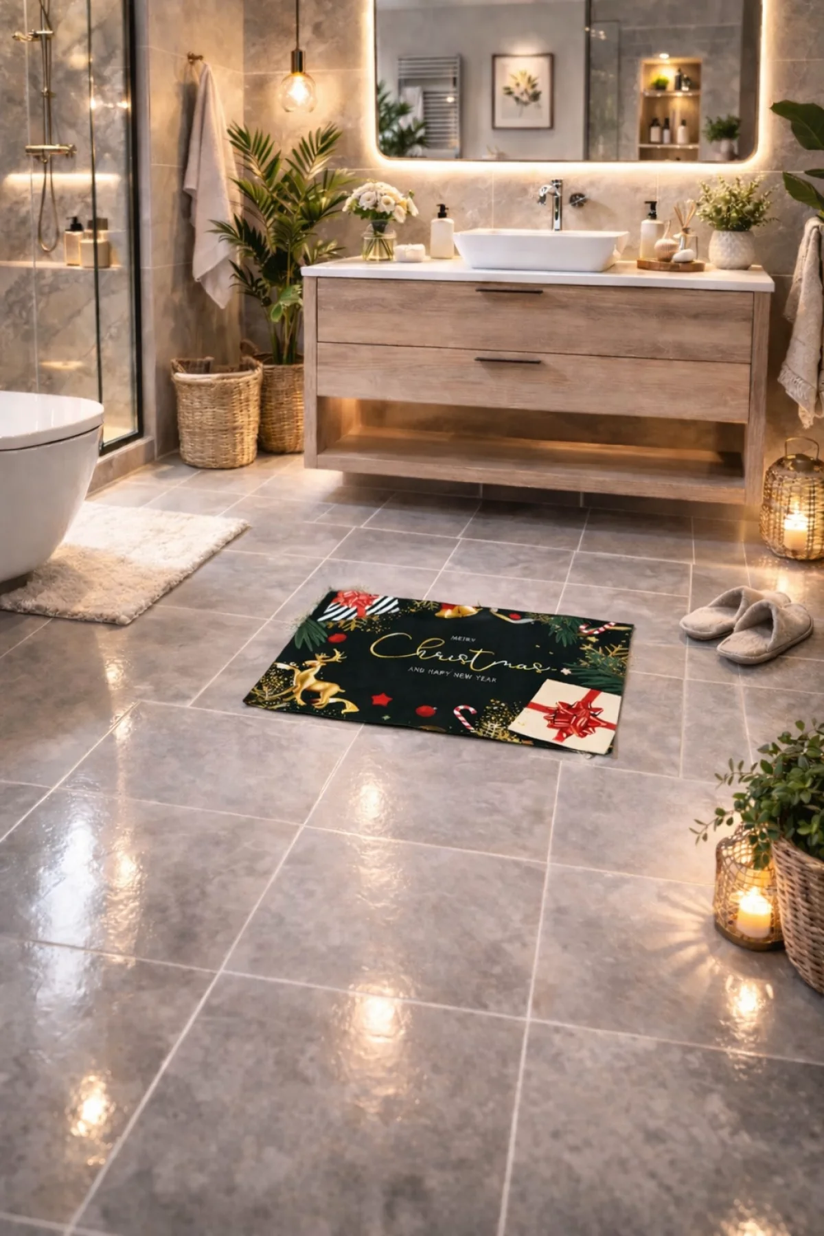 Esnature Mutlu Yıllar Merry Christmas and Happy New Year Welcome Yeşil Kapı Önü Paspası 45x70Cm