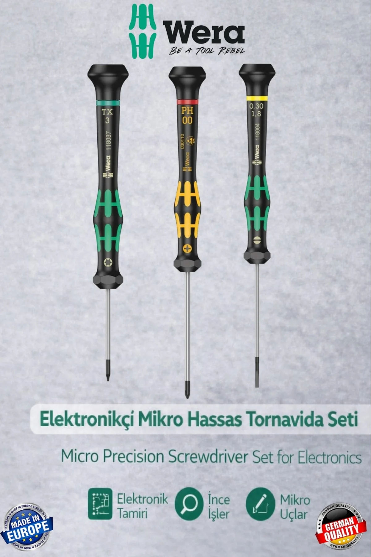 Wera Elektronikçi Telefoncu Saatçi Tornavida Seti 3 Parça | Profesyonel Mikro Tamir Seti