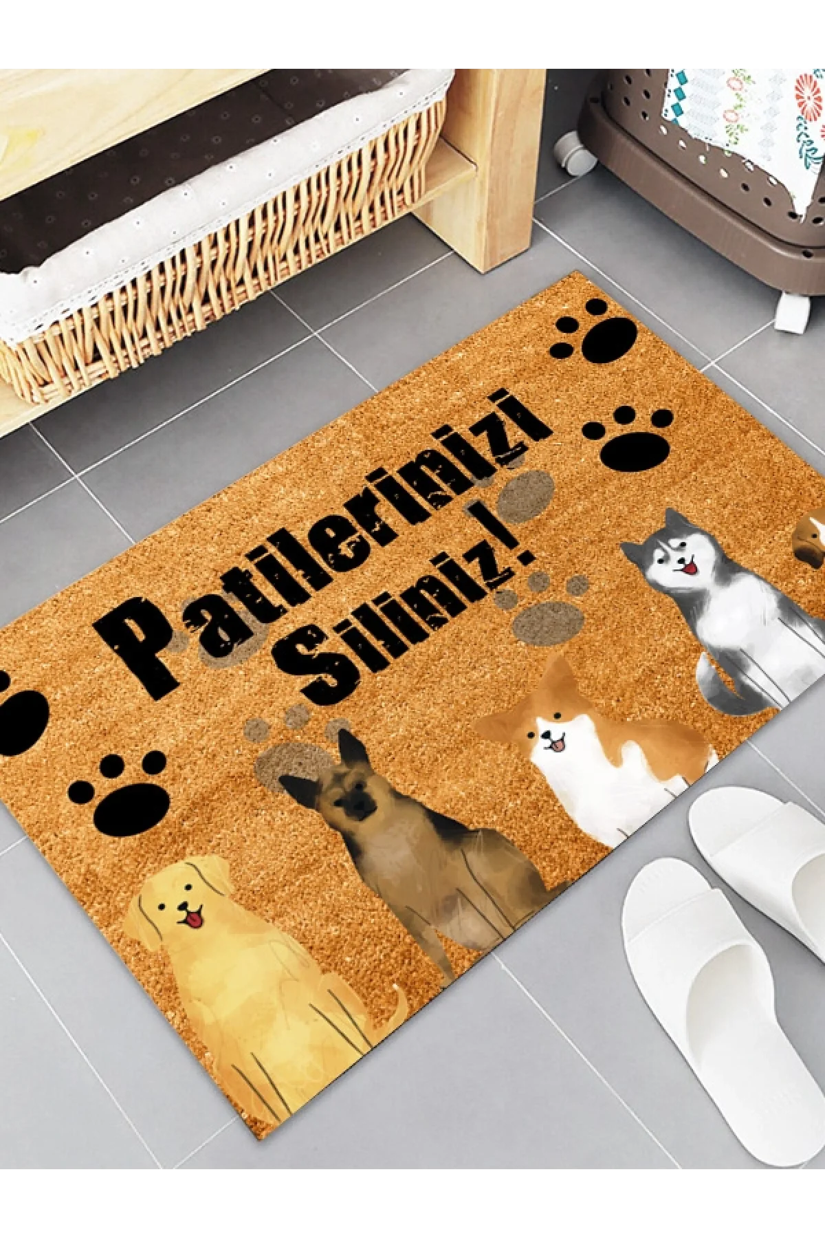 Esnature Köpek Desenli Patilerinizi Silin Yazılı Kapı Önü Paspası 45x70 Cm