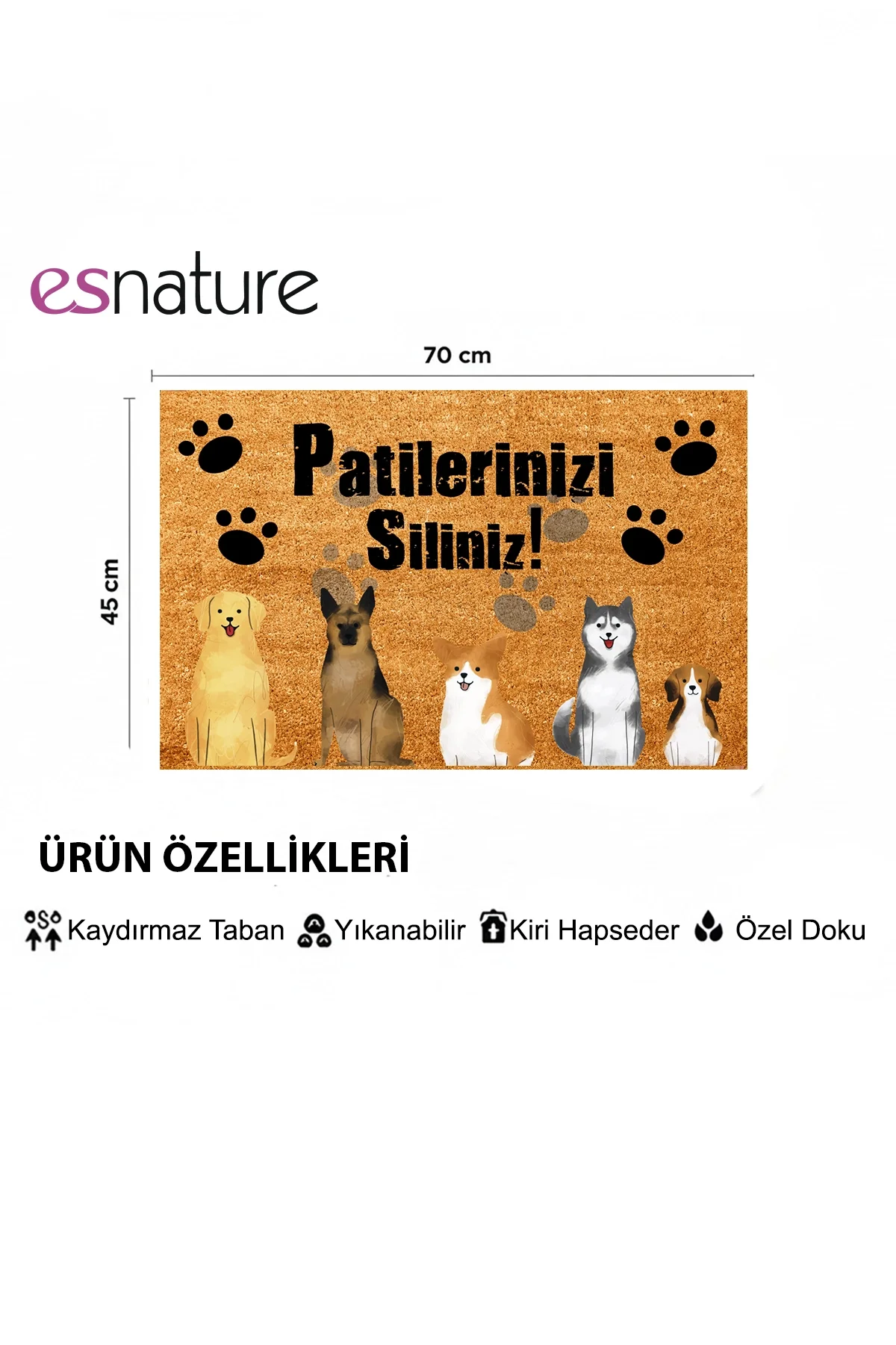 Esnature Köpek Desenli Patilerinizi Silin Yazılı Kapı Önü Paspası 45x70 Cm