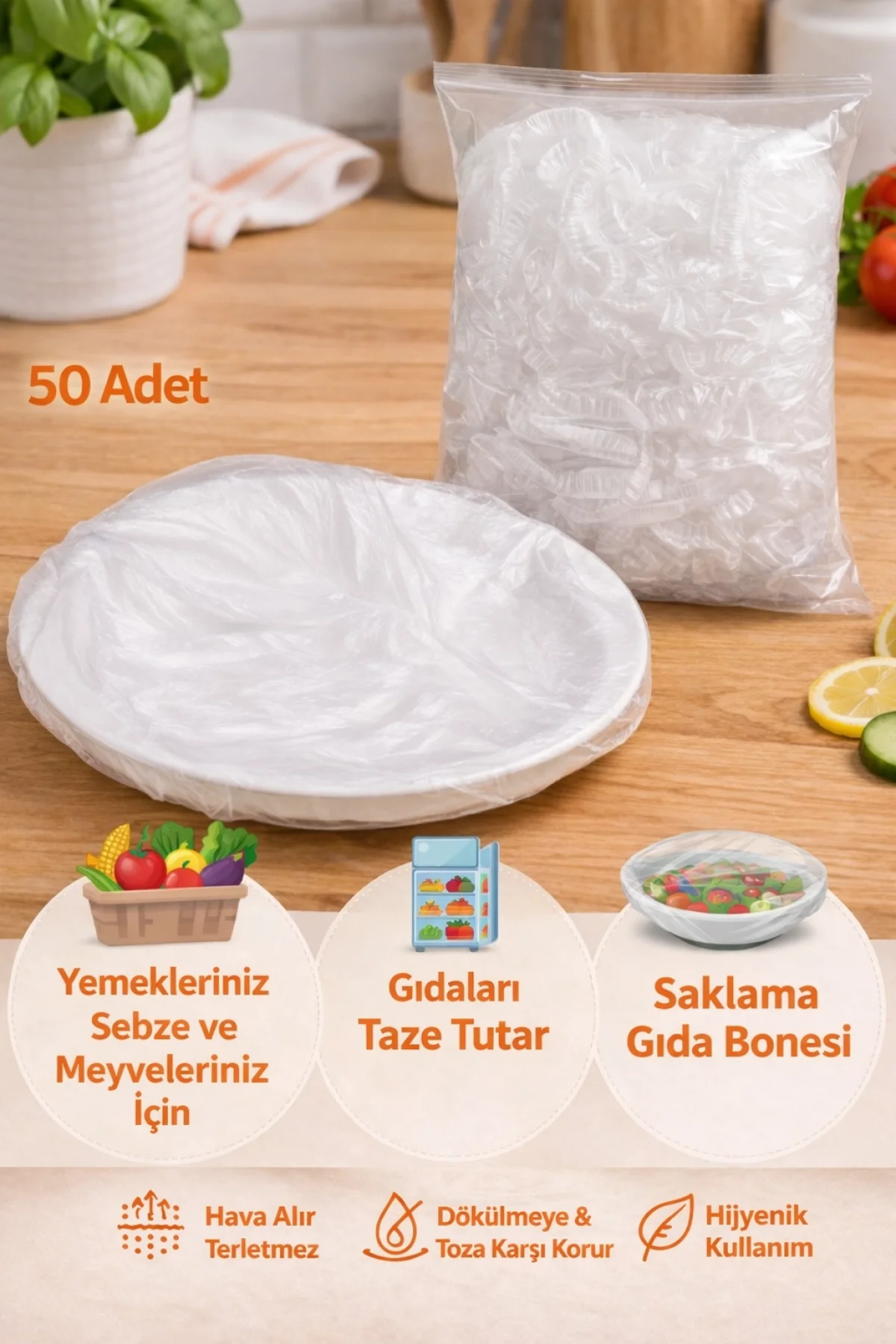 Esnature Streç Lastikli Buzdolabı Poşeti Tabak Tencere Gıda Saklama Bonesi 50 Adet Pratik Koruyucu