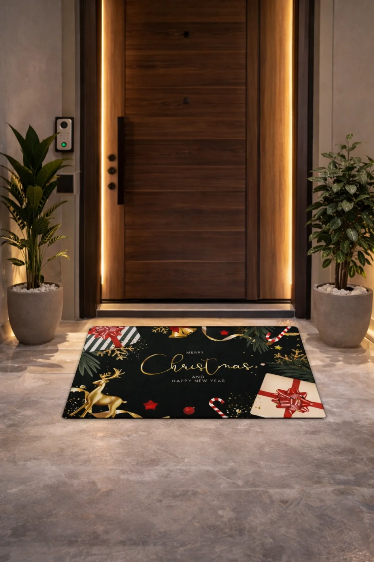 Esnature Mutlu Yıllar Merry Christmas and Happy New Year Welcome Yeşil Kapı Önü Paspası 45x70Cm