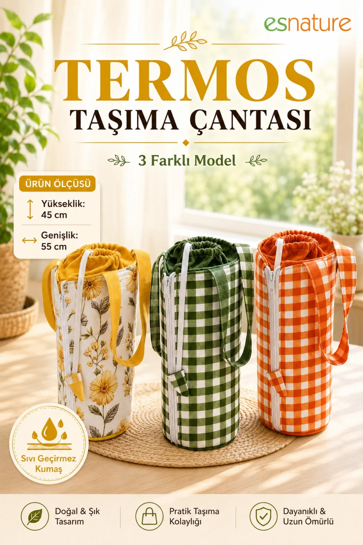 Esnature Sıvı Geçirmez Duck Kumaş Termos Taşıma Çantası 45x55 cm – Omuz Askılı Piknik ve Seyahat Çantası