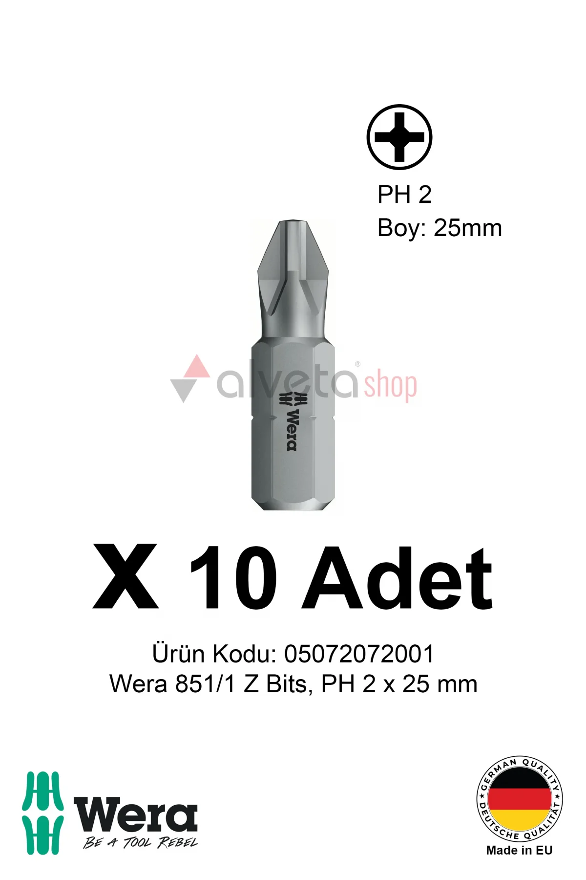 Alveta Wera 851/1 Z PH2 x 25mm Tornavida Ucu 10 Adet | Vidalama Bits Uç Seti Profesyonel Seri