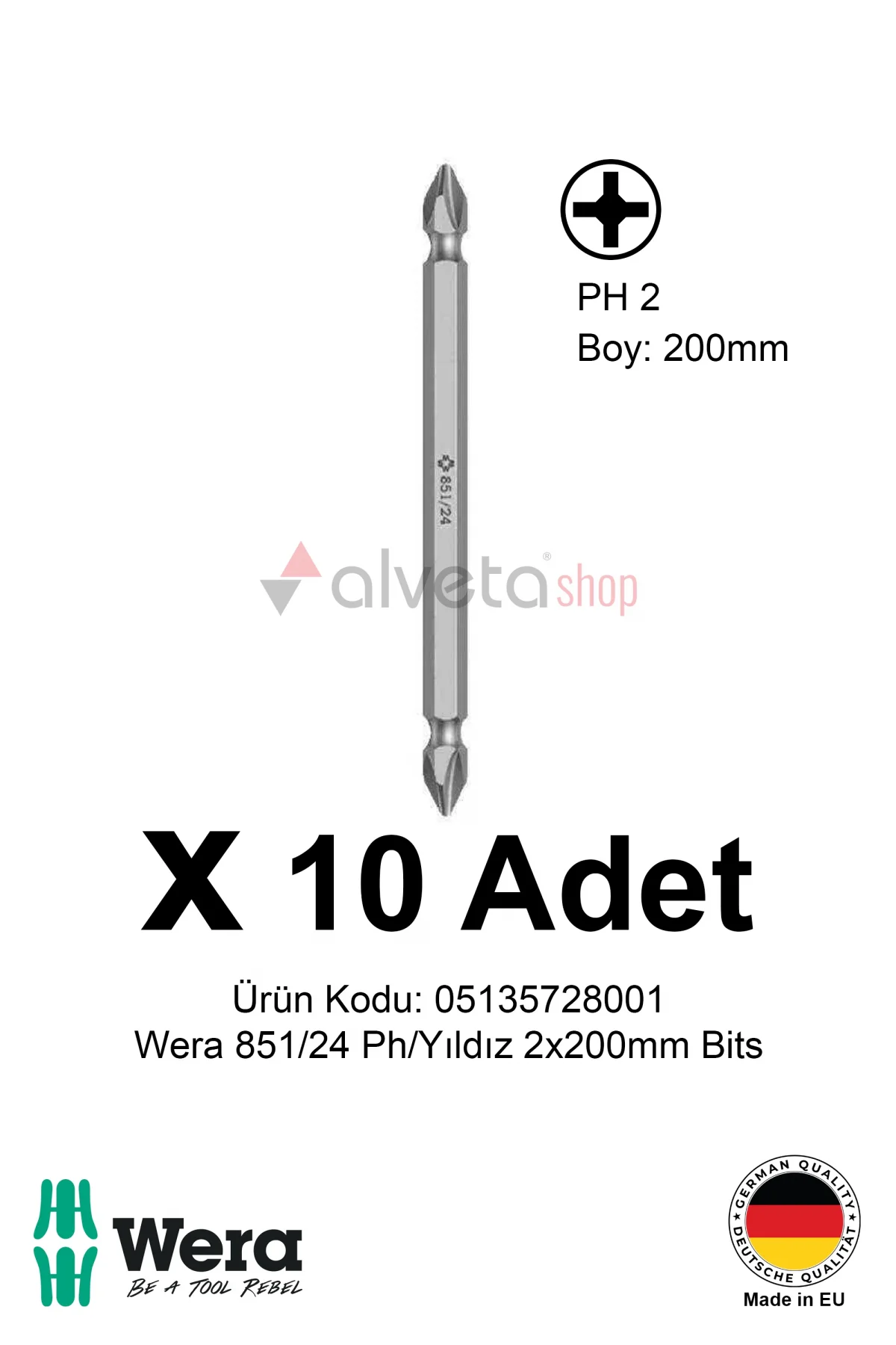 Alveta Wera 851/24 PH2 x 200mm Tornavida Ucu 10 Adet | Yıldız Vidalama Bits Seti Profesyonel Seri
