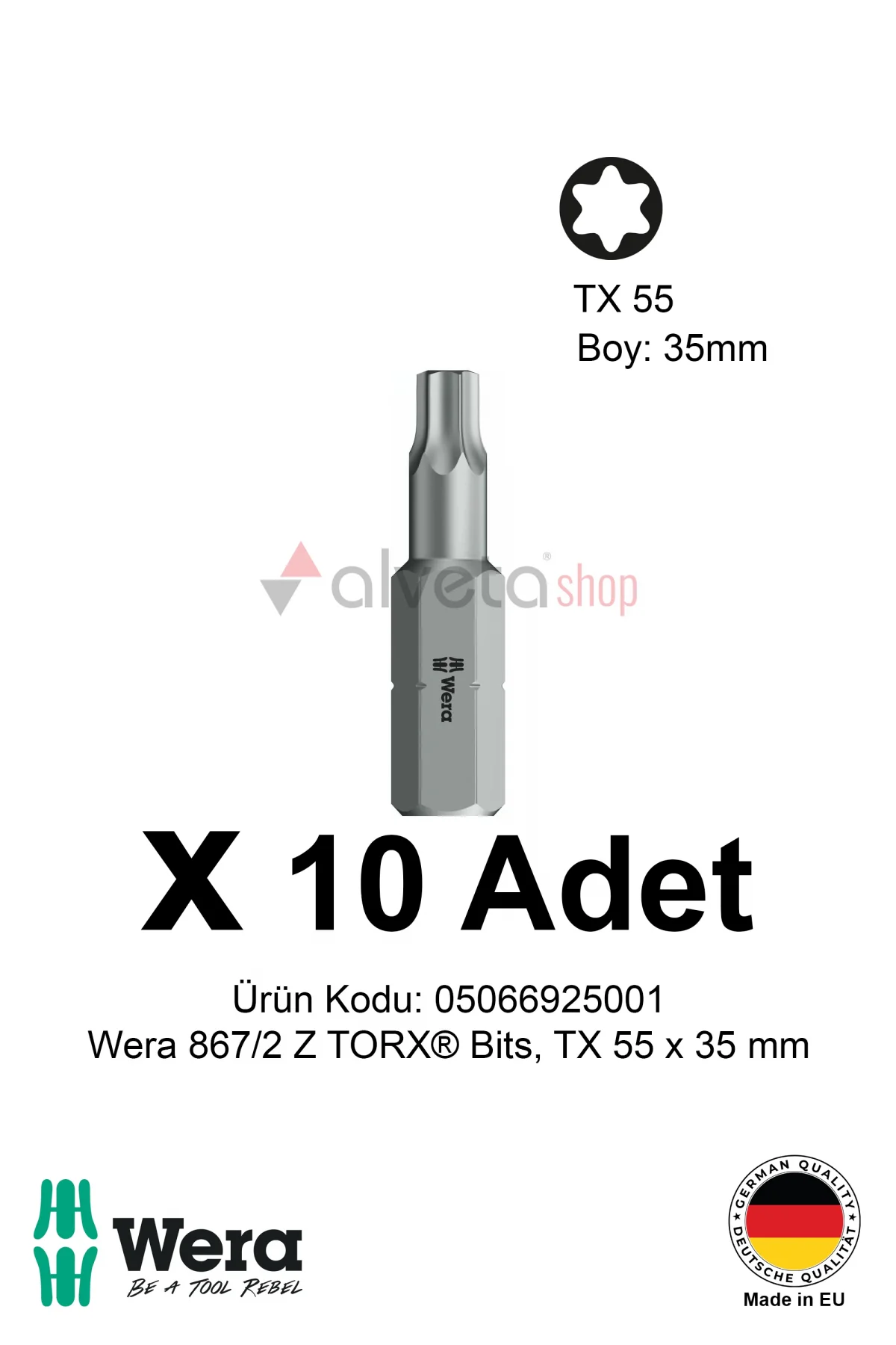 Alveta Wera 867/2 Z TORX TX55 x 35mm Tornavida Ucu 10 Adet | Torx Vidalama Bits Seti Güçlü Seri