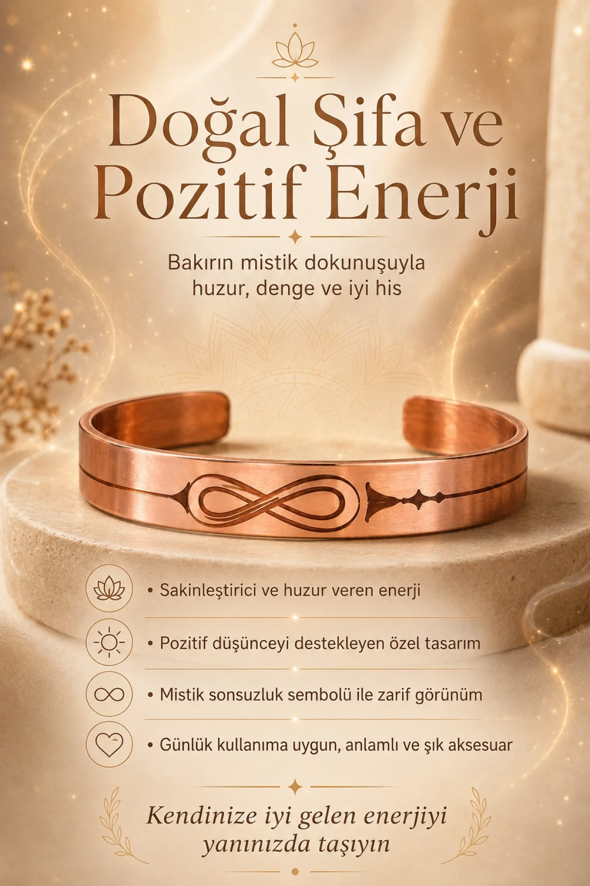 Bakır Sonsuzluk Bileklik Kadın Erkek El İşlemeli Otantik Takı