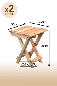 Esnature Vernikli Doğal Ahşap Katlanabilir Kamp Piknik Tabure 2 Adet 30 Cm X 30 Cm