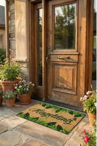 Esnature Yeşil Sarmaşıklı Yaprak Desenli Hoşgeldiniz Yazılı Kapı Önü Paspası 45x70 Cm
