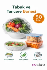 Esnature Streç Lastikli Buzdolabı Poşeti Tabak Tencere Gıda Saklama Bonesi 50 Adet Pratik Koruyucu