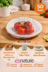 Esnature Streç Lastikli Buzdolabı Poşeti Tabak Tencere Gıda Saklama Bonesi 50 Adet Pratik Koruyucu